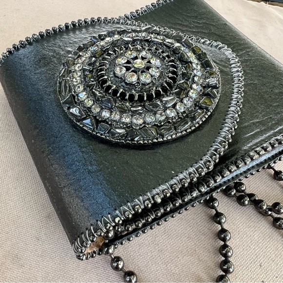 LR Leatherock Black Leather Mini Crossbody Bag Crystal Rock Pebbled Detail - Picture 10 of 16